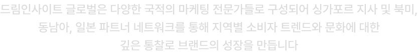 드림인사이트 글로벌은 다양한 국적의 마케팅 전문가들로 구성되어 싱가포르 지사 및 북미, 동남아, 일본 파트너 네트워크를 통해 지역별 소비자 트렌드와 문화에 대한 깊은 통찰로 브랜드의 성장을 만듭니다